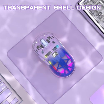 ZIYOU LANG A2 Transparent Wireless Gaming Mouse with Battery Level Display,Bluetooth/2.4G Wireless PC Mice,3D RGB Backlit,5 Million Clicks,PixArt 3212,up to 4000 DPI for Win/MAC,Purple - color: Purple