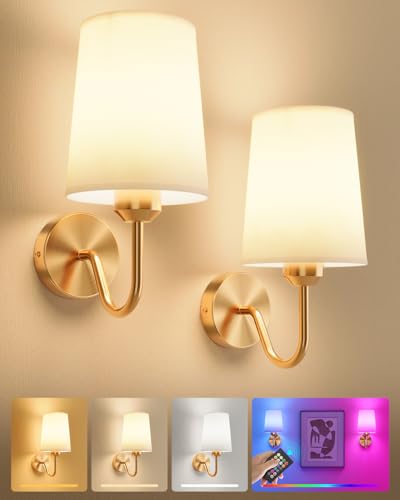 Battery Operated Wall Sconces Set of 2, Wireless Rechargeable Dimmable Wall Light with RGB Bulb and Remote for Bedroom, Living Room, Hallway (Gold) - color: Gold