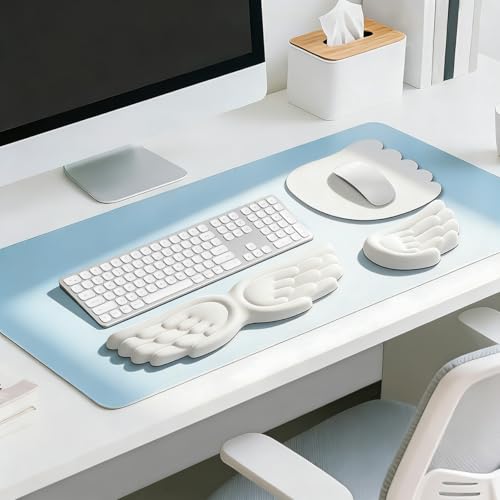 JIKIOU Angel Wing Wrist Rest Ergonomic Memory Foam Wrist Rest for Keyboard | Cute Savior of Wrist Pain, PU Leather Surface, Anti-Slip Base, Waterproof, Compatible with Most Keyboards & Mice, White