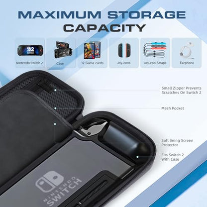 YAOTUBAG Carrying Case for Nintendo Switch 2 2025, Large Capacity Travel Protective Handbag, Hard Shell Portable Pouch, Holds Cased Console, Accessories, 12 Game Cards [Plus Version] Black - color: black