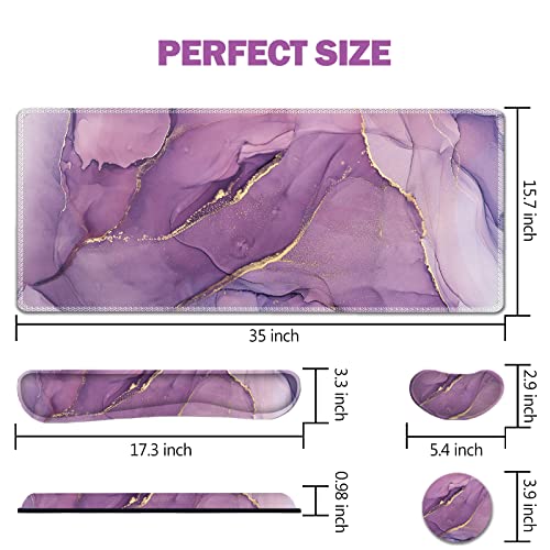 AIMSA Large Gaming Mouse Pad Set, Keyboard Wrist Rest Support Mouse Pad, Ergonomic Memory Foam Multifunctional Extended Desk Mat 35x15.7in Anti-Slip Rubber Base for Office Home, Purple Marble - color: Purple Marble