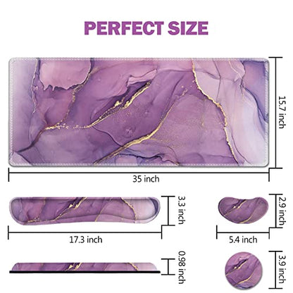 AIMSA Large Gaming Mouse Pad Set, Keyboard Wrist Rest Support Mouse Pad, Ergonomic Memory Foam Multifunctional Extended Desk Mat 35x15.7in Anti-Slip Rubber Base for Office Home, Purple Marble - color: Purple Marble