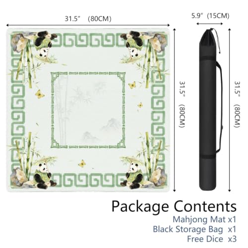 Green Chinoiserie Mahjong Mat for Table, 31.5 * 31.5in Anti Slip Mahjong Mats Table Cover, Noise Reduction, Neoprene Mah Jongg Mat, Mahjong Set Gift for Poker Board Tile Games Table Mats, Panda - color: Panda