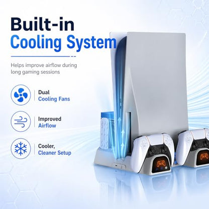 Cooling Station for PS5/Slim/Pro/Disc&Digital | Cooling Stand with Dual PS5 Controller Charging Station, 3 Levels Cooling Fan Multi-Function PS5 Accessories Slot and USB Hub - color: White 2