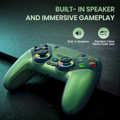 Gamrombo LED Wireless Controller for PS5, Dual Vibration, Macro/Turbo Functio Compatible with PS5 Pro/Slim/PC, n, 3.5mm Audio Jack, 6-Axis Motion Control Gamepad with Speaker (Metallic Green - color: Metallic Green