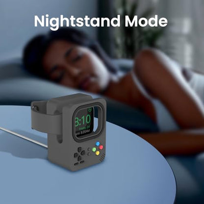 Delidigi Silicone Charger Stand Dock for Apple Watch All Series | Ultra3/Ultra2/Ultra/11/10/9/8/7/6/5/4/3/SE3/SE2/SE1, Retro Game Console Design, Cable Management, Support Nightstand Mode - color: Dark Grey