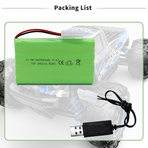 9.6V 2400mAh NiMH Battery - RC Car Rechargeable Battery AA with Tamiya KET-2P Plug and USB Charge Cable for RC Car Spare Part RC Tank Boat Batteries