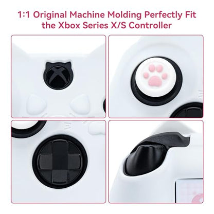 GeekShare Cat Paw Controller Skin Grips Set Anti-Slip Silicone Protective Cover Skin Case Compatible with Xbox Series X Controller with 2 Thumb Grip Caps and 1 Sticker (White) - color: White