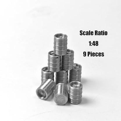 3D Printed Mini Barrel Set, 9-Piece Diorama Scenery Prop (1:48) | 9-piece gray industrial keg set, detailed 3D print. Miniature scenery prop, tabletop terrain & diorama craft accessory. - size: 1:48