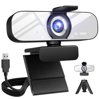 HD 1080P Webcam with Built-in Microphone and Rotatable Tripod, 1080P Video and Wide Angle Camera, Privacy Cover, for Desktop PC or Laptop Computer （White） - color: white
