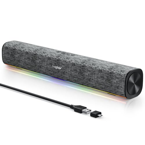 SOULION Computer Speakers for Desktop Monitor USB Plug & Play PC Soundbar | Dynamic LED Light, USB Plug & Play PC, Switch Button, Bluetooth 5.1, Clearly Sound, Breathable Material, Widely Application - color: Gray