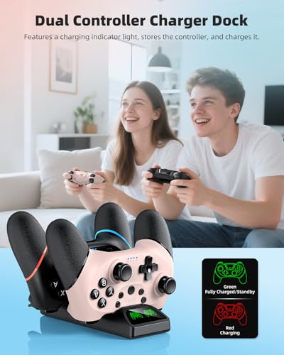 Switch 2 Pro Controller Accessories Bundle for Nintendo Switch 2 (2025), MENEEA 21-in-1 Kits: Wireless Controllers,Carrying Case,Controller Charger Dock,Grips for Joy Con,Steering Wheels for Mario Kart,Protective Cover for Switch 2 (Black & Pink Controlle