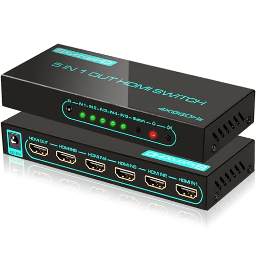 SkycropHD 4K@60Hz HDMI Switch, 5 in 1 Out HDMI 2.0 Switcher with Remote Support Auto Switch, HDR10, Dolby Vision, Dolby Atmos, 18Gbps, CEC