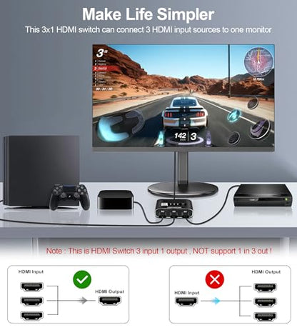 HDMI 2.1 Switch 3 in 1 Out, 4K@120Hz 8K@60Hz, Aluminum,48Gbps w/HDMI Cable | HDMI Splitter Switch supports 1080P@240Hz, Compatible with PS5, Xbox Series X, PC, Laptop and Gaming Consoles