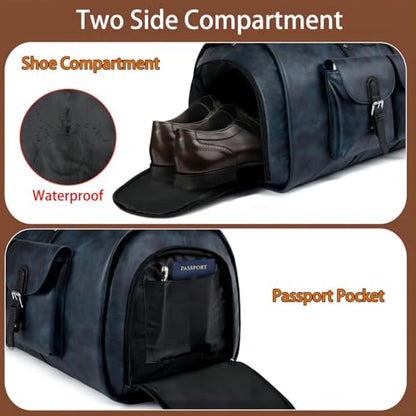 Garment Bag for Travel Convertible Carry on Travel Duffel Bag for Men Women | 3PCS Large Weekender Bag with Waterproof Shoes Pouch 2 in 1 Hanging Clothes Suit Dress Bag Travel Garment Duffel Bag 56L - color: A4-Blue-Faux Leather