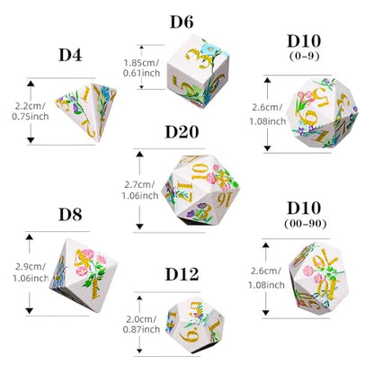DND Dice Set, 7PCS UV Printed Sharp Edge Acrylic Dice with Metal Box, Lightweight Durable Design for Dungeons & Dragons, Floral Fantasy Theme