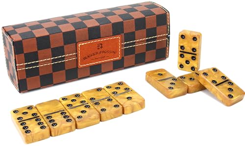 Dominos Set for Adults, Thick Domino, Double 6 Dominoes Set for Adults and Kids, 28 Marbleized Gold Tiles in Brown Leather Case, Travel Domino's Game Set - color: Gold