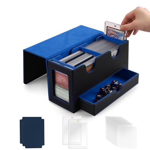 MRAUF MTG Deck Box with Double Commander Display and Dice Tray, Fits 200+ Double Sleeved Cards, Card Storage Box Plus 2 Magnetic Holders& 100Pcs Card Sleeves (Black& Blue) - color: Black& Blue