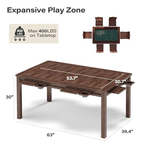 Board Game Table with Removable Table Top, 54” x 31” Play Area, Gaming and Dining Table with EVA Play Mat, Detachable Cup Holders and Trays for 6 Players, for Card, DND and Poker, Walnut - size: REC Table