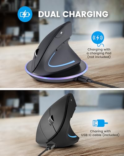 Perixx PERIMICE-813RX Wireless Rechargeable Vertical Mouse - Multi-Device spec - Duo Wired and Wireless Charging Feature -The Included Charger Compatible with iPhone, AirPods, and AirPods Pro - style: Wireless Rechargeable with Charging Pad