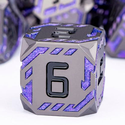 Metal DND Sci-fi Dice Set 7PCS Stripe Polyhedral Dice for Dungeons Dragons RPG Role Playing Game, Glitter D and D Dice with Gift Box D6 D8 D10 D12 D20 (Black Purple) ﻿ - color: Black - Purple