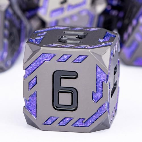 Metal DND Sci-fi Dice Set 7PCS Stripe Polyhedral Dice for Dungeons Dragons RPG Role Playing Game, Glitter D and D Dice with Gift Box D6 D8 D10 D12 D20 (Black Purple) ﻿ - color: Black - Purple