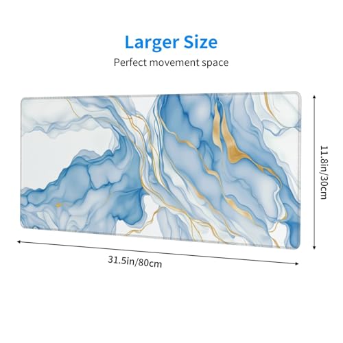 Large Mouse Pads for Desk, Extended Marble Gaming Mousepad for Women Office Gifts, Funny XL Big Stitched Waterproof Nonslip Computer Mats Deskmat for Keyboard, (Light Blue and White, 31.5 * 11.8 In) - color: Light Blue and White Marble