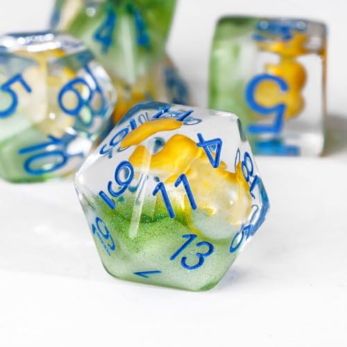 UDIXI Yellow Mushroom Dice Set, Polyhedral Dice Set D&D for Tabletop Games | Velvet Storage Bag, DM Gift, for Dungeons and Dragons Role Playing Games Board Games - color: Mushroom Yellow/Blue Font