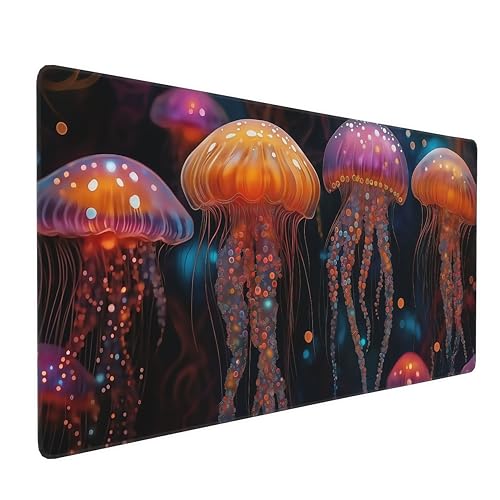 Large Fantasy Forest Jellyfish Gaming Mouse Pad - Blacklight Fairytale Waterproof Desk Mat, 35.4 X 15.8 Inch Extended Non-Slip Rubber Base for Office & Home - color: Fantasy Jellyfish