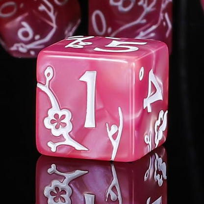 CiaraQ 7pcs Polyhedral Dice Set for Dungeon and Dragons MTG Table Games | Acrylic Role Playing Dice for D&D with Black Velvet Bag – Pink Pearl with White Numbers & Plum Blossom Patterns - color: Pink and White Floral Dice