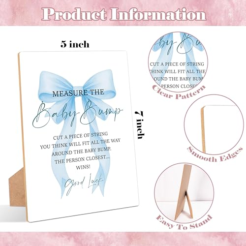 Blue Bow Measure the Baby Bump Game, Pack of 1 Wooden Tabletop Sign with Stand and 50 Guessing Cards, Blue Coquette Bow Baby Shower Game, Gender Reveal Party Decorations - HC02 - color: Measure the Baby Bump