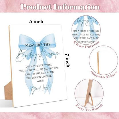 Blue Bow Measure the Baby Bump Game, Pack of 1 Wooden Tabletop Sign with Stand and 50 Guessing Cards, Blue Coquette Bow Baby Shower Game, Gender Reveal Party Decorations - HC02 - color: Measure the Baby Bump