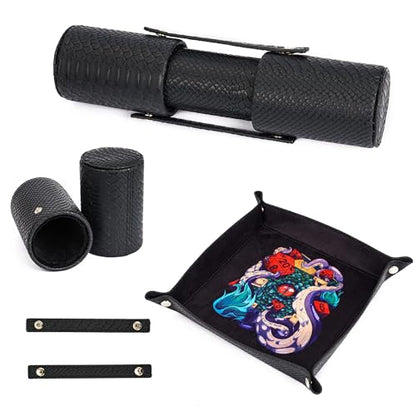 3 in 1 DND Dice Tray with Two Dice Cup Set, PU Leather Portable Folding Dice Rolling Tray for RPG Board Games and Pub Party Games - color: Black
