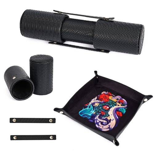 3 in 1 DND Dice Tray with Two Dice Cup Set, PU Leather Portable Folding Dice Rolling Tray for RPG Board Games and Pub Party Games - color: Black