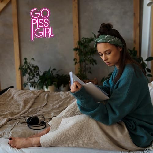 GO PISS GIRL Neon Sign Funny Dimmable LED Light Up Sign Pink Aesthetic Pop Culture Wall Decor for Dorm Room, College Apartment, Bathroom, Party, Birthday Gift, USB Powered(14.5 * 10.6in) - style: Pink Girl