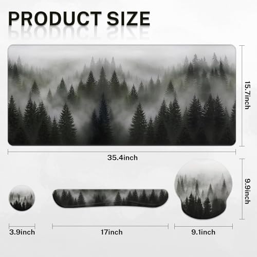 Arttown Keyboard Mouse Pad Set, 4 in 1 Desk Mat Set Forest Misty | Foggy Tree Large Mousepad+Keyboard Wrist Rest+Mouse Wrist Rest+Coaster Ergonomic Design for Home Office Computer - color: Forest in Fog