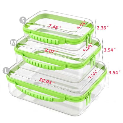 Clear Hard Shell Organizer Cases, 3 Pack with Handle | Durable PET shell with water-resistant, scratch-resistant surface for travel, toiletries, electronics and toys - color: Green