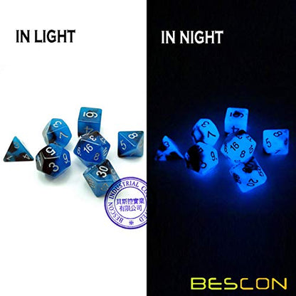 Bescon Two-Tone Glow-in-the-Dark Polyhedral Dice Set Blue Dawn, Luminous RPG Dice Set d4 d6 d8 d10 d12 d20 d% Brick Box Pack - color: Blue Dawn