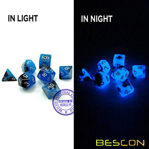 Bescon Two-Tone Glow-in-The-Dark Polyhedral Dice Set Blue Dawn, Luminous RPG Dice Set d4 d6 d8 d10 d12 d20 d% Brick Box Pack - color: Blue Dawn