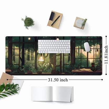 Cute Lofi Desk Mat Green Plants Mouse Pad Large Black Cat Aesthetic Desk Pad Kawaii Anime Extended Gaming Mousepad XL Laptop Keyboard Mouse Mat Deskmat 31.5"x11.8" Cute Office Decor - color: Green Plants