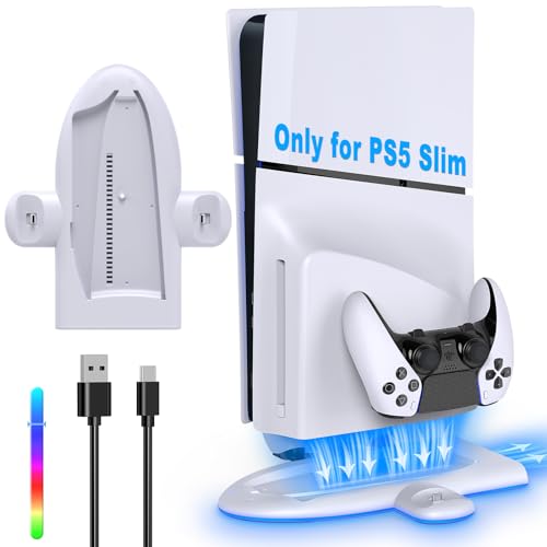 FASTSNAIL Charging Stand with Cooling Fan Only for PS5 Slim Console | Fast Controller Charger Station for DualSense/Edge, 9 RGB Light, Quiet Cooling System Accessories for PS5 Slim Digital/Disc