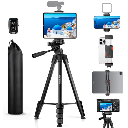 MACTREM 67" iPad Tripod Stand for Tablet Phone Camera with Remote Mount | 2-In-1 Holder Fits Ipad/Iphone Up To 12.9",Aluminum Extendable 17.7-67in,Remote 33ft, Video Recording/Vlogging,1/4" Screw - color: Black