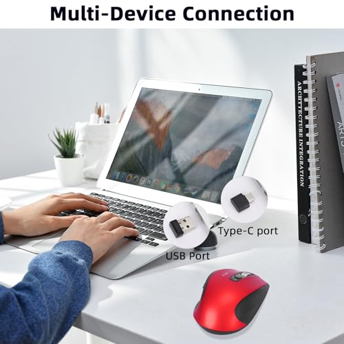 Wireless Bluetooth Mouse with USB-A, USB-C Receiver, Rechargeable, 3-Device, Full-Size, Silent Click, Ergonomic Mice for MacBook/Laptop/Computer/Tablet/PC/iPad-Red - color: Red