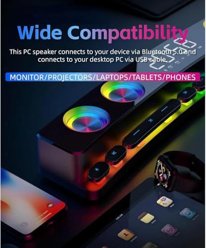 Cuifati SH39 Gaming Computer Speakers Dynamic RGB Gaming Speakers with Subwoofer Bluetooth Desktop Speaker, for Laptops Monitors Projectors Phones PC /5 (Black)