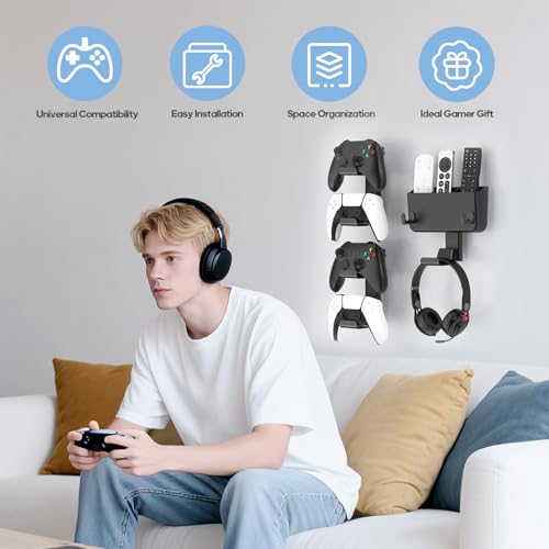 Controller & Headset & Remote Holder Wall Mount with No Drill, 2 Packs Gaming 4 Controllers Hanger Hook Mount for PS5/PS4/XBOX/Switch, Headphone Stand & Remote Control Holer Wall Shelf with Adhesives - size: 3 Packs