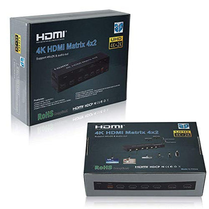 4x2 HDMI Matrix Switch, 4 in 2 Out Matrix HDMI Video Switcher Splitter + Optical & L/R Audio Output, Support Ultra HD 4K,3D 1080P, Audio EDID Extractor with IR Remote Control | HDMI Matrix Switch Supports Audio Extractor, Auto Downscaler, HDMI2.0, HDCP2.2