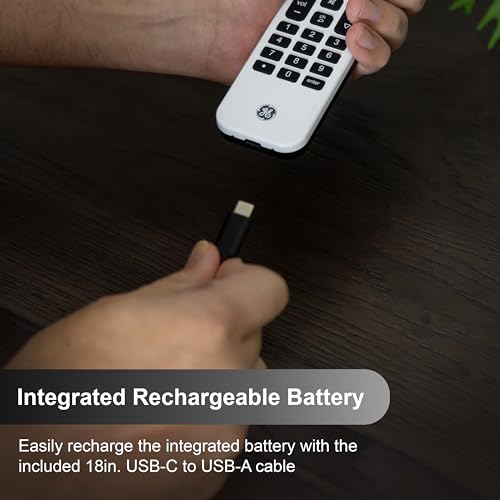 GE Rechargeable TV Remote Control, Universal Remote Control, Backlit | Samsung TV Remote Control Replacement for Smart TVs, Apple TV, Sony, Roku Replacement Remote, LG TV, 4-Device, 80984