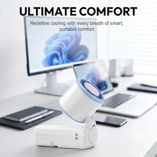 Portable Handheld Fan, 100-Speed Turbo Rechargeable Mini Fan | 3-in-1 Wearable Foldable Fan with Ice Compress Cooling. Ideal for Travel, Outdoor, Office. Compact & Long Battery Life. - color: White&Blue