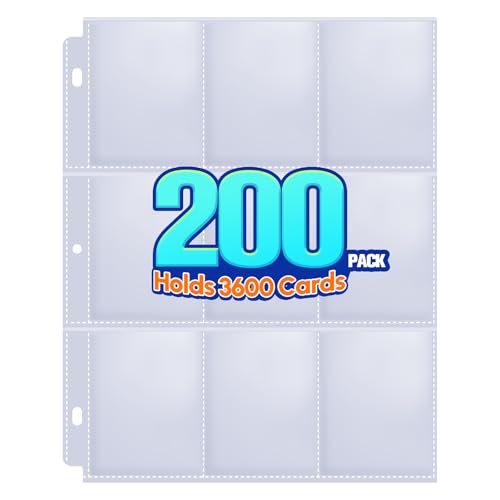 200 Pack 9 Pocket Trading Card Sleeve Pages,Page Protectors Card Sleeves Binder Sheets for 3 Ring Binder,Card Binder Sleeves for Baseball, Football, Game Sport Business Cards - size: 200 Pack