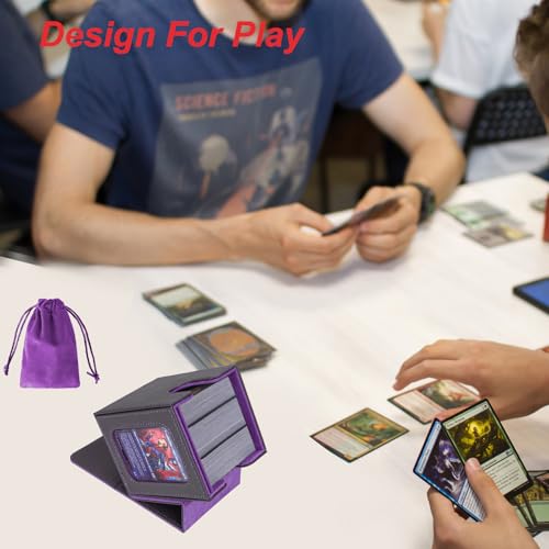 AFIING MTG Deck Box for Commander Display,Card Deck Box Fits 100 Double Sleeved Cards, Magic Commander TCG Card Storage Box with 2 Dividers,Drawstring Bag and 1 Toploader(Black/Purple) - color: Commander Black Purple